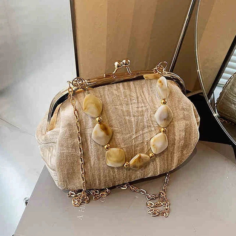 Retro Beaded Party Handbags Summer Women's Versatile Chain Crossbody Bags French Fashion Single Shoulder Bags Trend