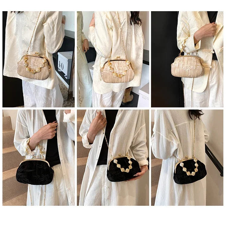 Retro Beaded Party Handbags Summer Women's Versatile Chain Crossbody Bags French Fashion Single Shoulder Bags Trend