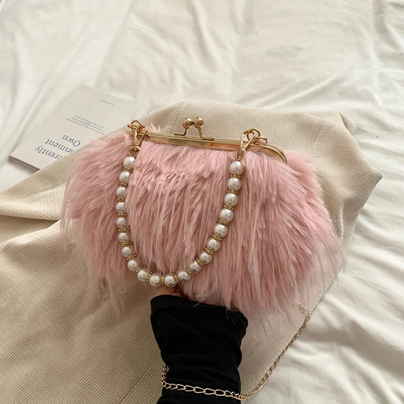 Luxury Faux Fur Evening Bag Fluffy Solid Color Shoulder Bag Large Capacity Pearl Handle Clutch Crossbody Bag For Women