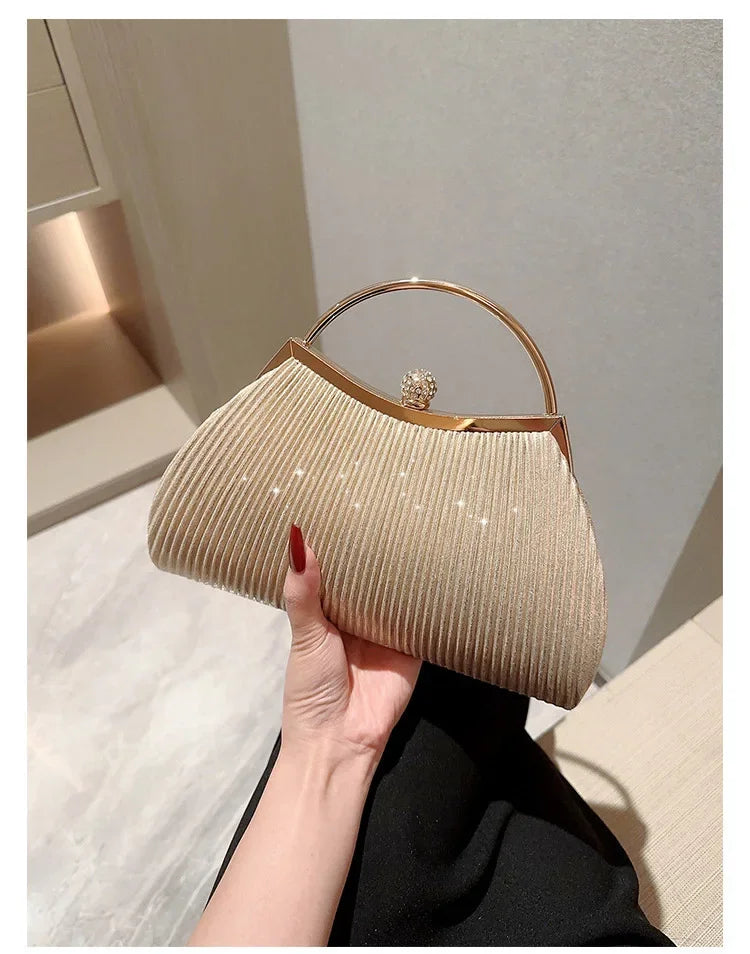 Pleated Evening Handbag Women Top Handle Glitter Day Clutch Ladies Wedding Dinner Dressed Clip Bag Diamond Party Purse Gold