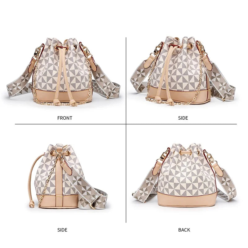 Floral Women Bucket Bags Leather Ladies Shoulder Bags Drawstring Women Side Bags