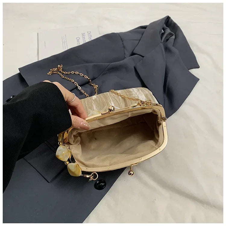 Retro Beaded Party Handbags Summer Women's Versatile Chain Crossbody Bags French Fashion Single Shoulder Bags Trend