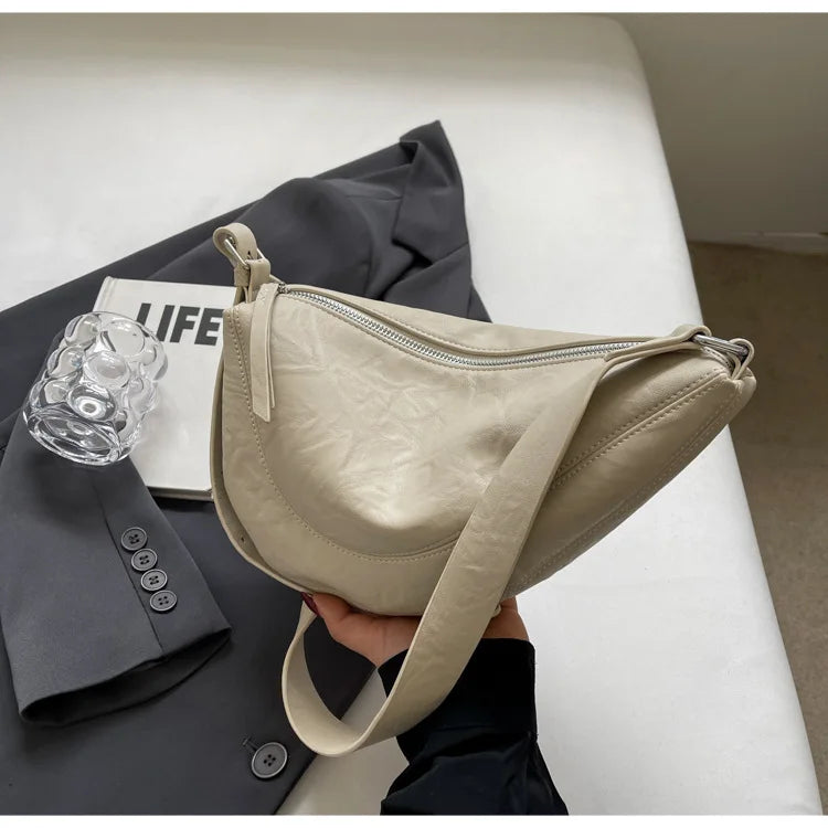 Niche Design Simple Solid Colour Dumpling Bag Women New Fashion Senior Sense PU Leather Shoulder Bag Versatile Crossbody Bag