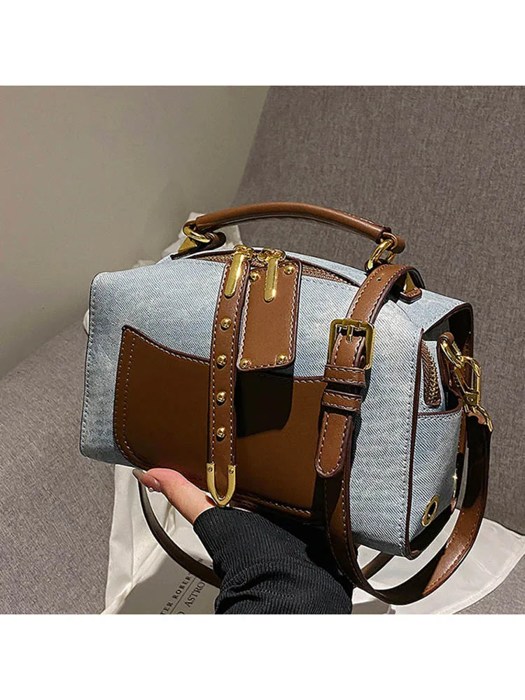 Artificial Leather Retro Unisex Large Capacity Blue Handbag Shoulder Crossbody Messenger Bags Doctor Boston Women Purse