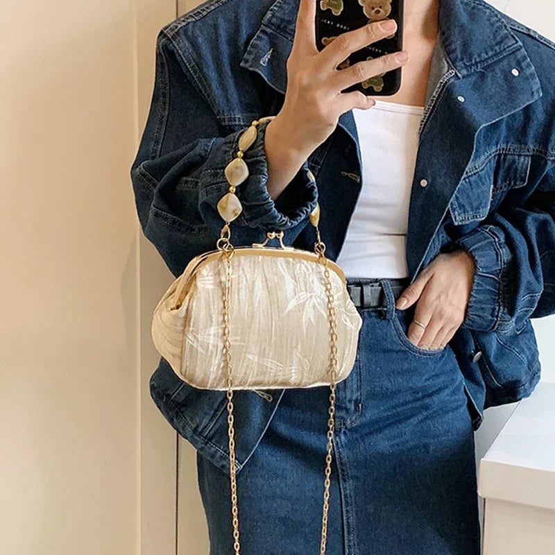 Retro Beaded Party Handbags Summer Women's Versatile Chain Crossbody Bags French Fashion Single Shoulder Bags Trend