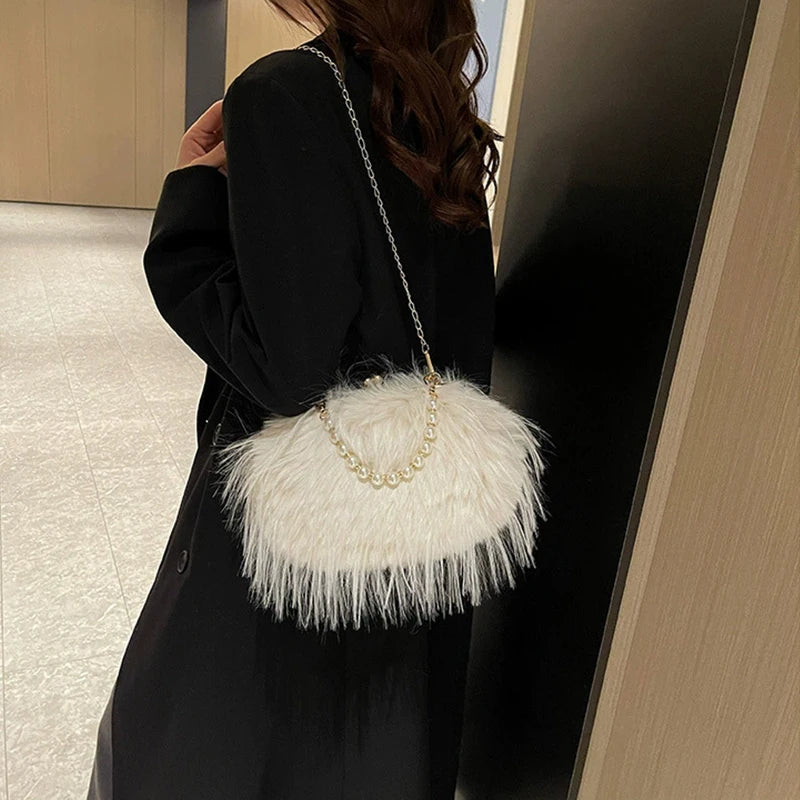 Luxury Faux Fur Evening Bag Fluffy Solid Color Shoulder Bag Large Capacity Pearl Handle Clutch Crossbody Bag For Women