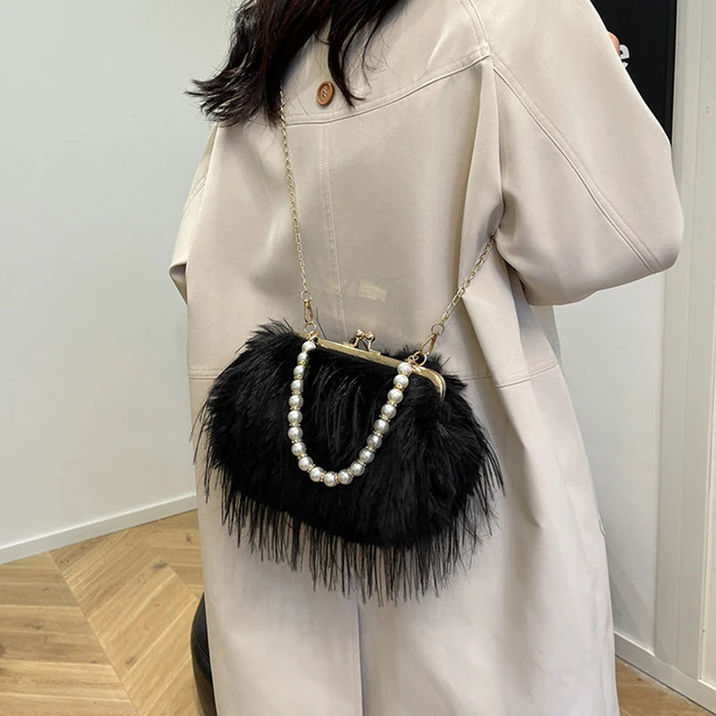 Luxury Faux Fur Evening Bag Fluffy Solid Color Shoulder Bag Large Capacity Pearl Handle Clutch Crossbody Bag For Women
