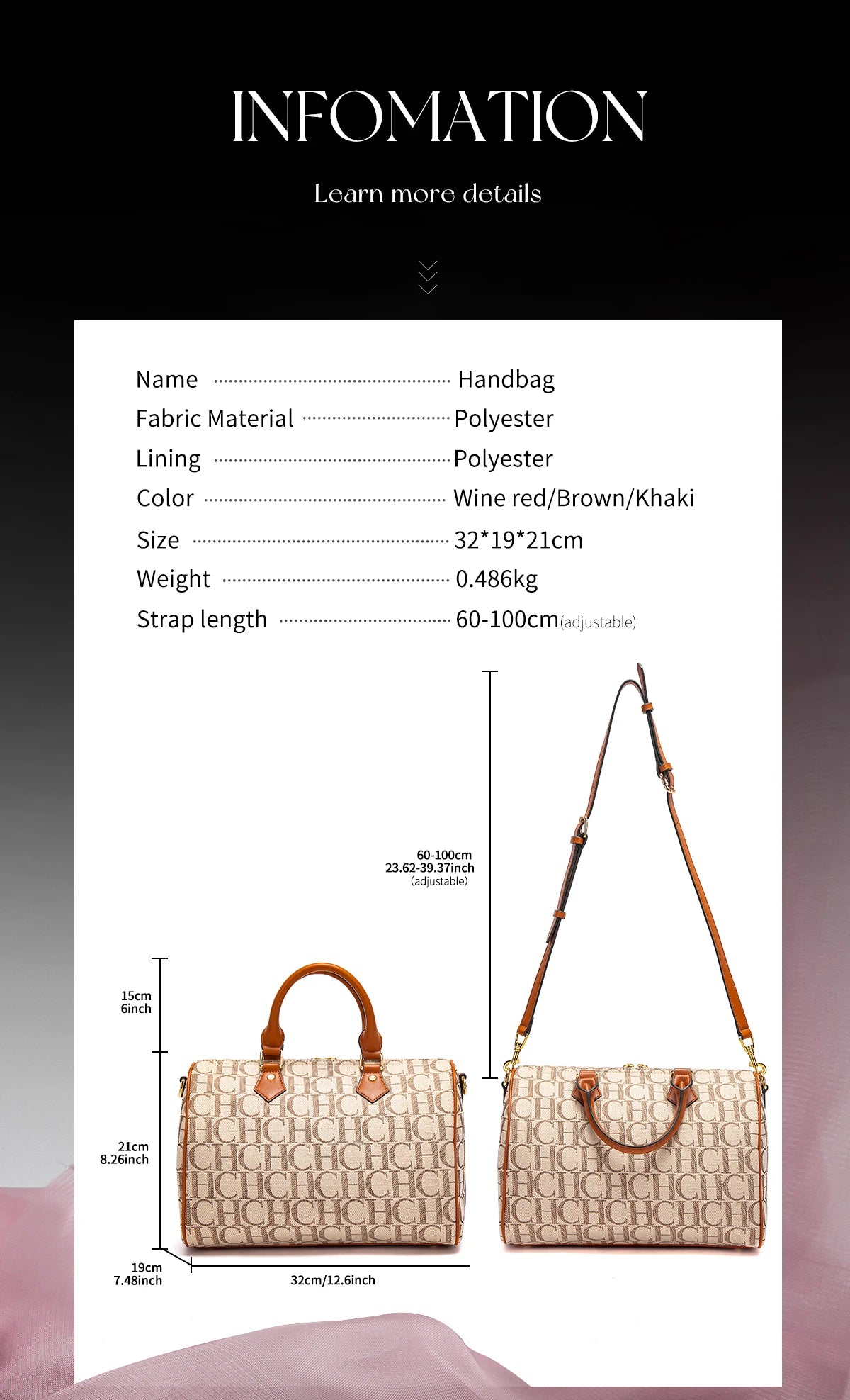 CHCH Women's Pillow Bag Autumn/Winter New Collection Letter Handbag Brown Boston Bag