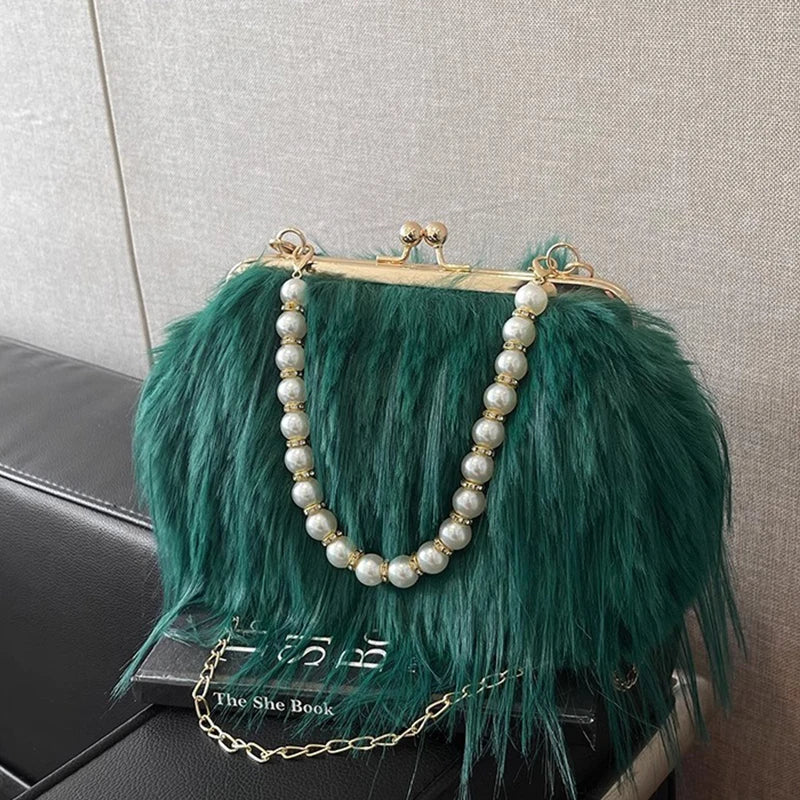 Luxury Faux Fur Evening Bag Fluffy Solid Color Shoulder Bag Large Capacity Pearl Handle Clutch Crossbody Bag For Women