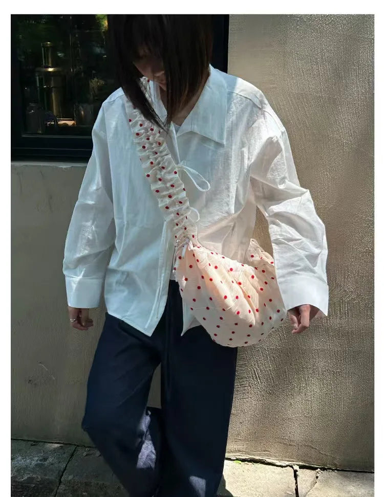 Women Chic Underarm Bag Large Capacity Polka Dot Retro Crossbody Bag All Matched Pleated Dumpling Bag Casual Zipper Canvas Bag