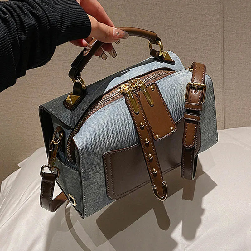 Artificial Leather Retro Unisex Large Capacity Blue Handbag Shoulder Crossbody Messenger Bags Doctor Boston Women Purse