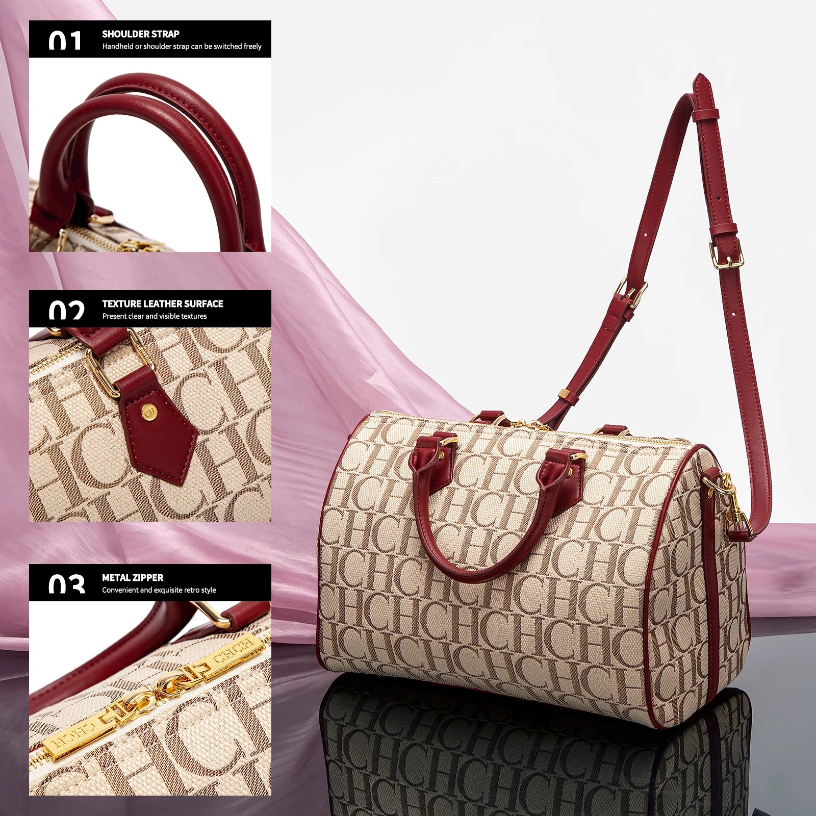 CHCH Women's Pillow Bag Autumn/Winter New Collection Letter Handbag Brown Boston Bag