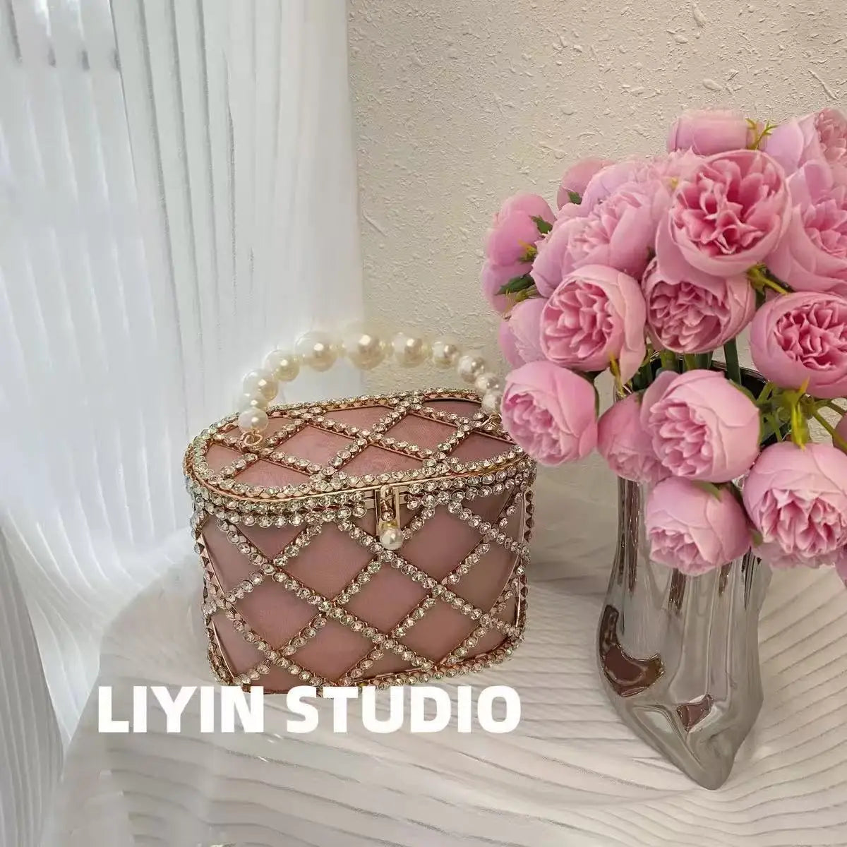 Luxury Designer Glod Metal Cage Pearl Beading Handle Women Handbag Evening Bag Wedding Party Clutch Purse Shoulder Crossbody Bag