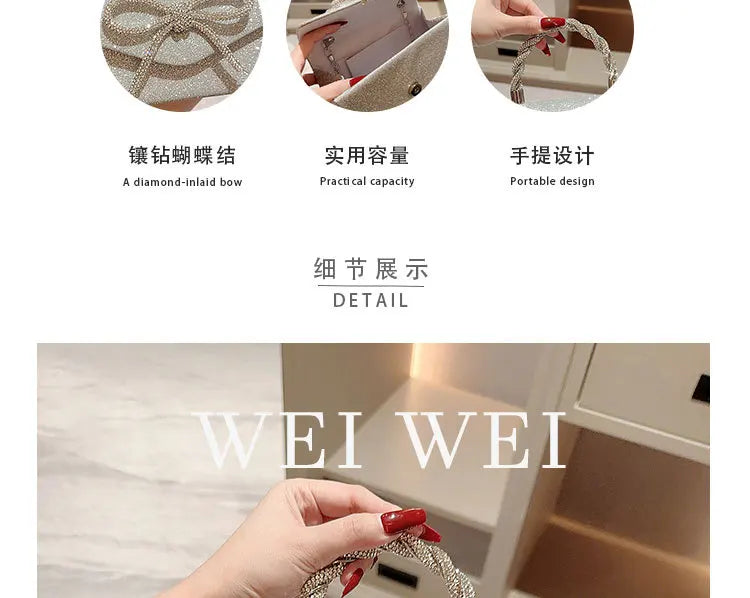 Evening Bag Dress Versatile European and American Clutch Bag Crossbody Celebrity Fashion Diamond Bow Chain Bag Lady Handbag