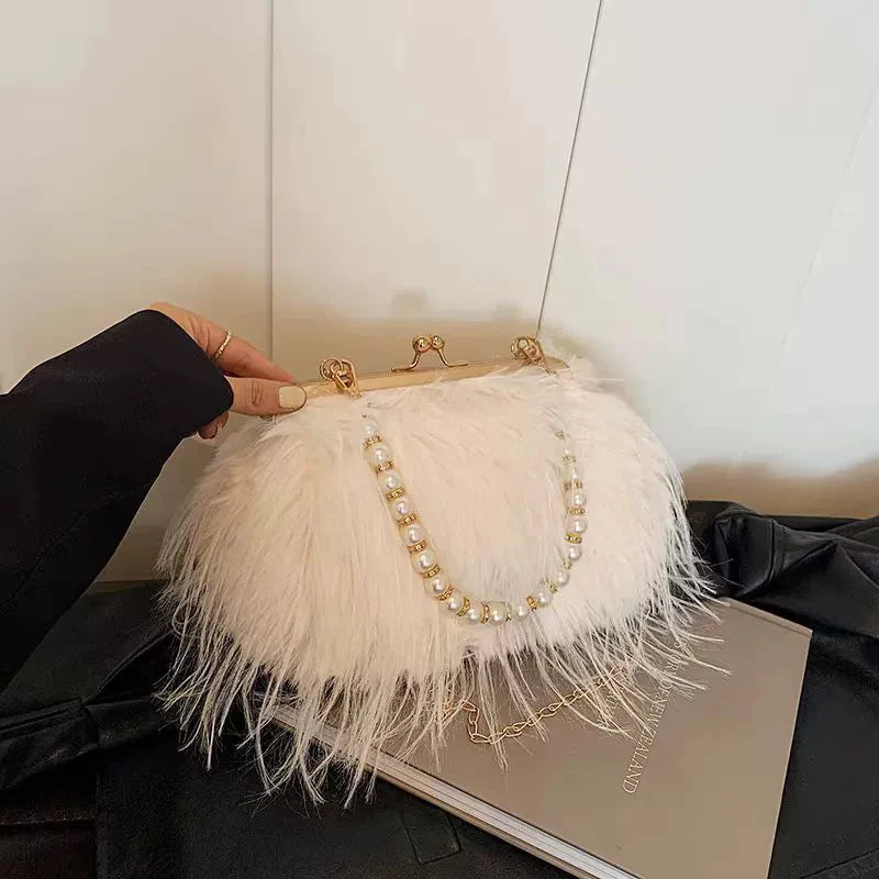Luxury Faux Fur Evening Bag Fluffy Solid Color Shoulder Bag Large Capacity Pearl Handle Clutch Crossbody Bag For Women