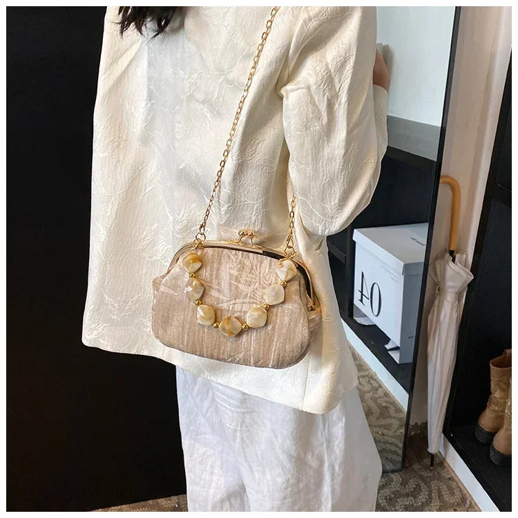 Retro Beaded Party Handbags Summer Women's Versatile Chain Crossbody Bags French Fashion Single Shoulder Bags Trend