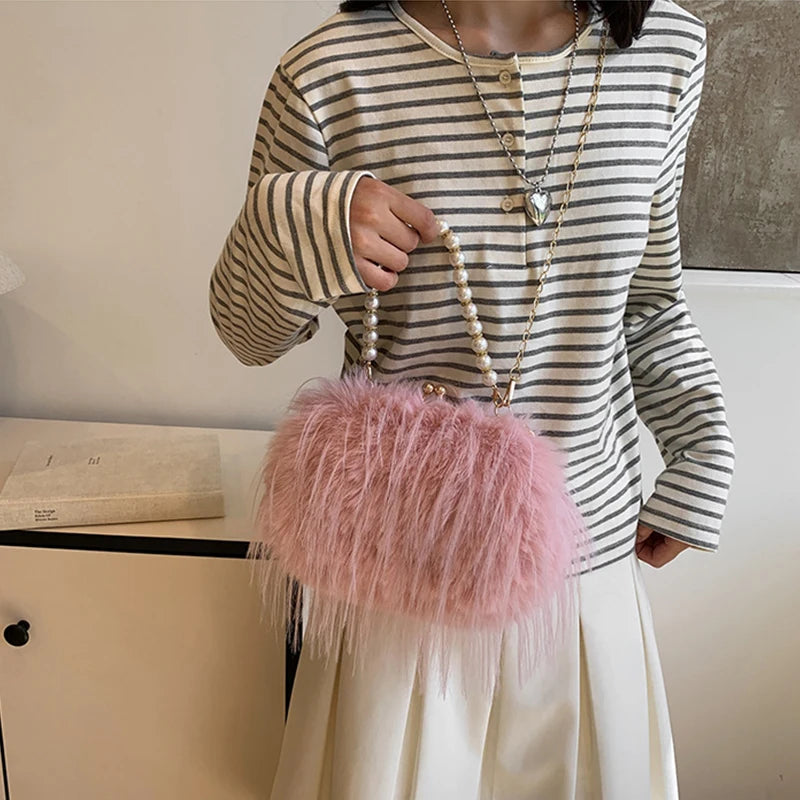 Luxury Faux Fur Evening Bag Fluffy Solid Color Shoulder Bag Large Capacity Pearl Handle Clutch Crossbody Bag For Women