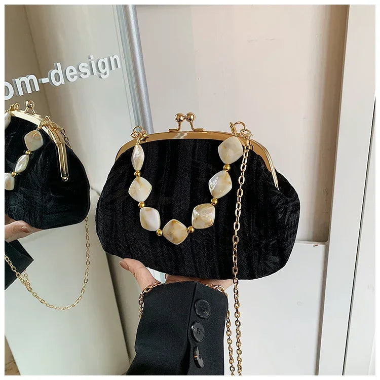 Retro Beaded Party Handbags Summer Women's Versatile Chain Crossbody Bags French Fashion Single Shoulder Bags Trend