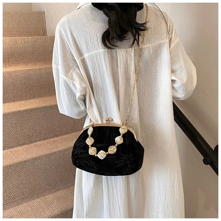 Retro Beaded Party Handbags Summer Women's Versatile Chain Crossbody Bags French Fashion Single Shoulder Bags Trend