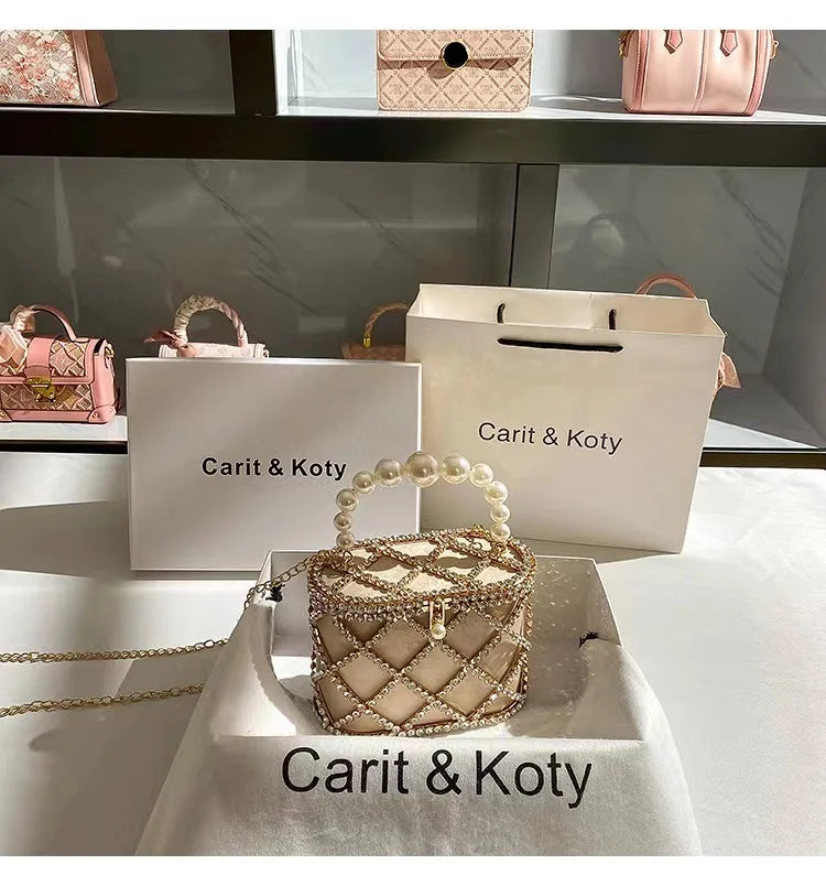 Luxury Designer Glod Metal Cage Pearl Beading Handle Women Handbag Evening Bag Wedding Party Clutch Purse Shoulder Crossbody Bag