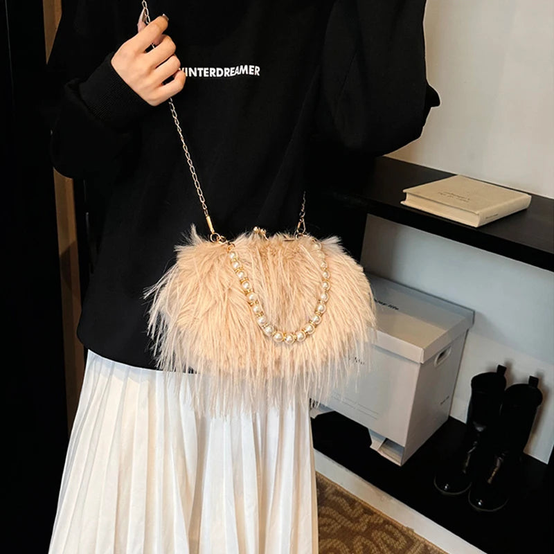 Luxury Faux Fur Evening Bag Fluffy Solid Color Shoulder Bag Large Capacity Pearl Handle Clutch Crossbody Bag For Women