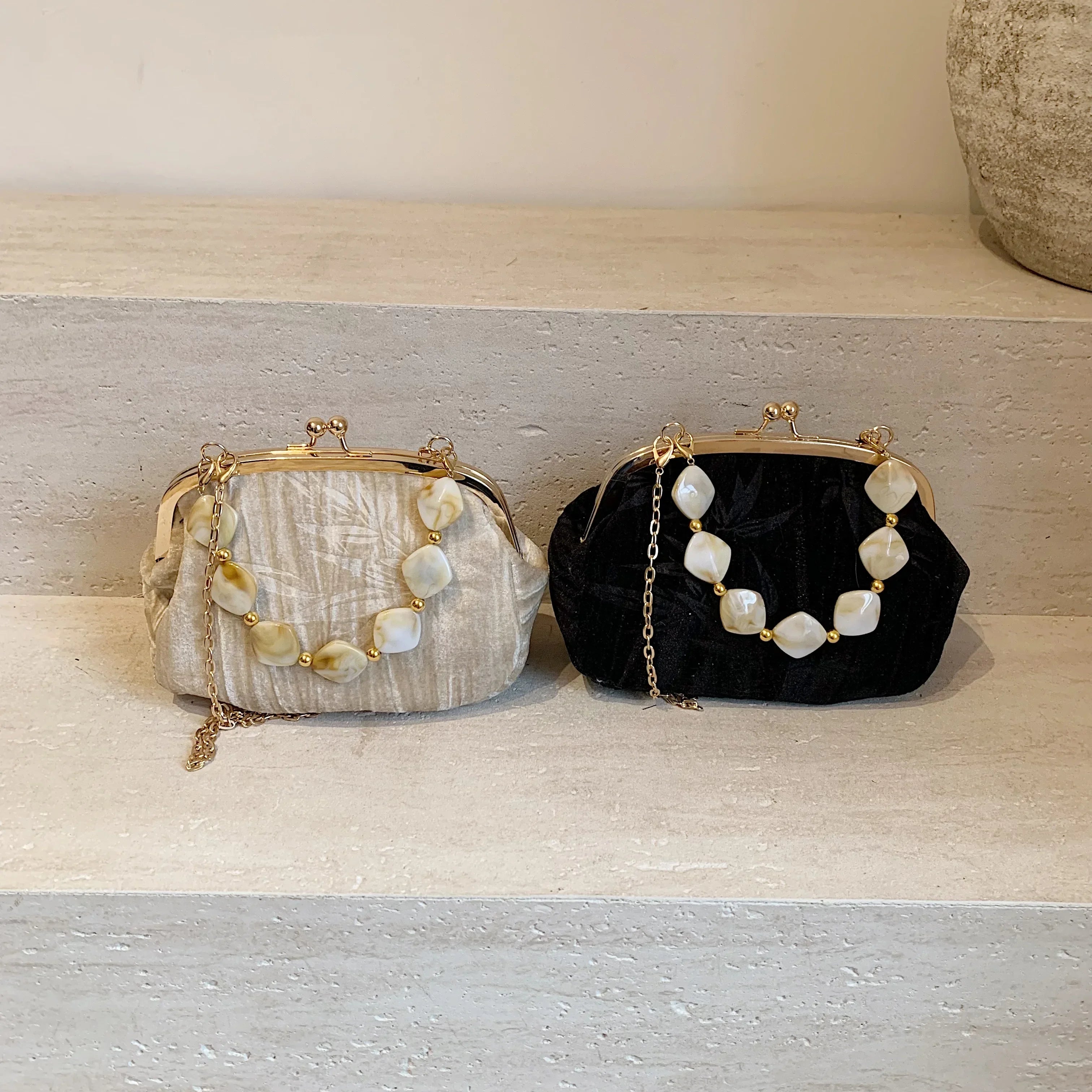 Retro Beaded Party Handbags Summer Women's Versatile Chain Crossbody Bags French Fashion Single Shoulder Bags Trend