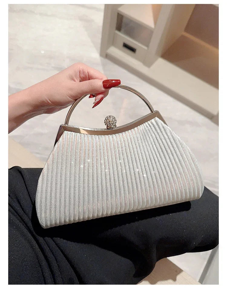 Pleated Evening Handbag Women Top Handle Glitter Day Clutch Ladies Wedding Dinner Dressed Clip Bag Diamond Party Purse Gold