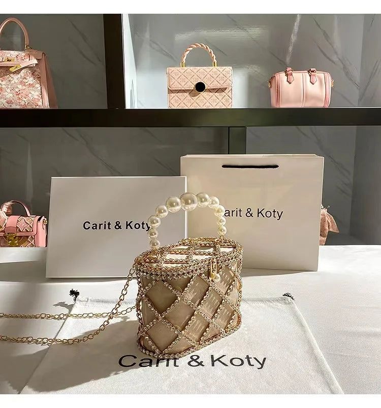 Luxury Designer Glod Metal Cage Pearl Beading Handle Women Handbag Evening Bag Wedding Party Clutch Purse Shoulder Crossbody Bag