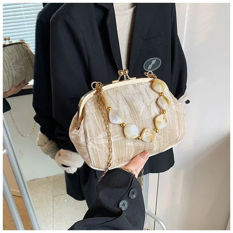 Retro Beaded Party Handbags Summer Women's Versatile Chain Crossbody Bags French Fashion Single Shoulder Bags Trend