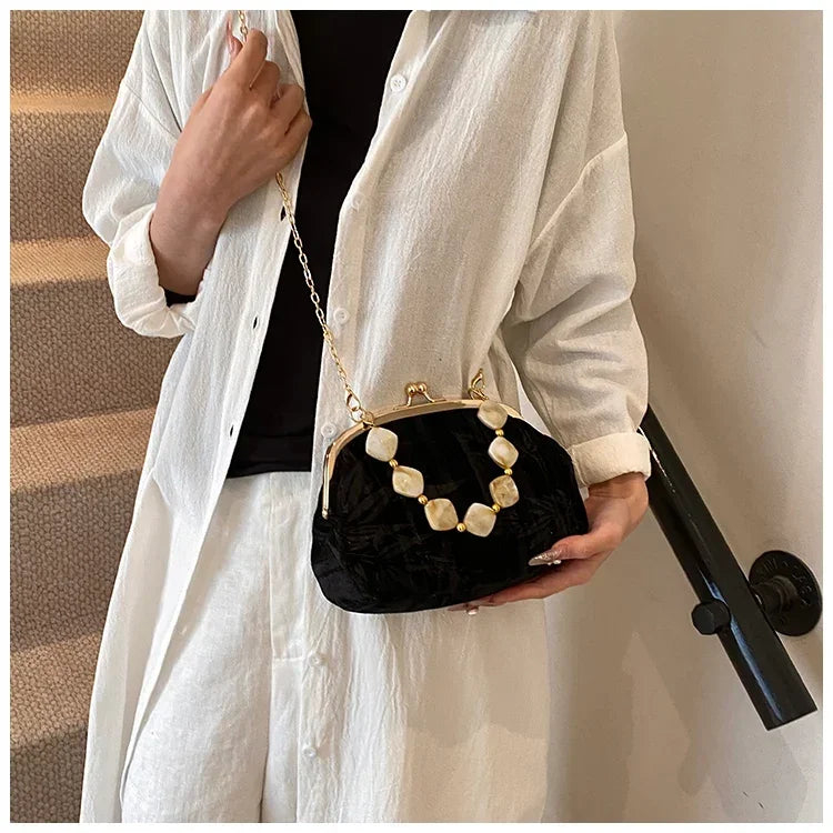 Retro Beaded Party Handbags Summer Women's Versatile Chain Crossbody Bags French Fashion Single Shoulder Bags Trend