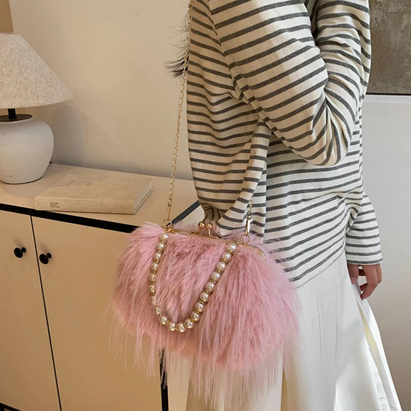 Luxury Faux Fur Evening Bag Fluffy Solid Color Shoulder Bag Large Capacity Pearl Handle Clutch Crossbody Bag For Women