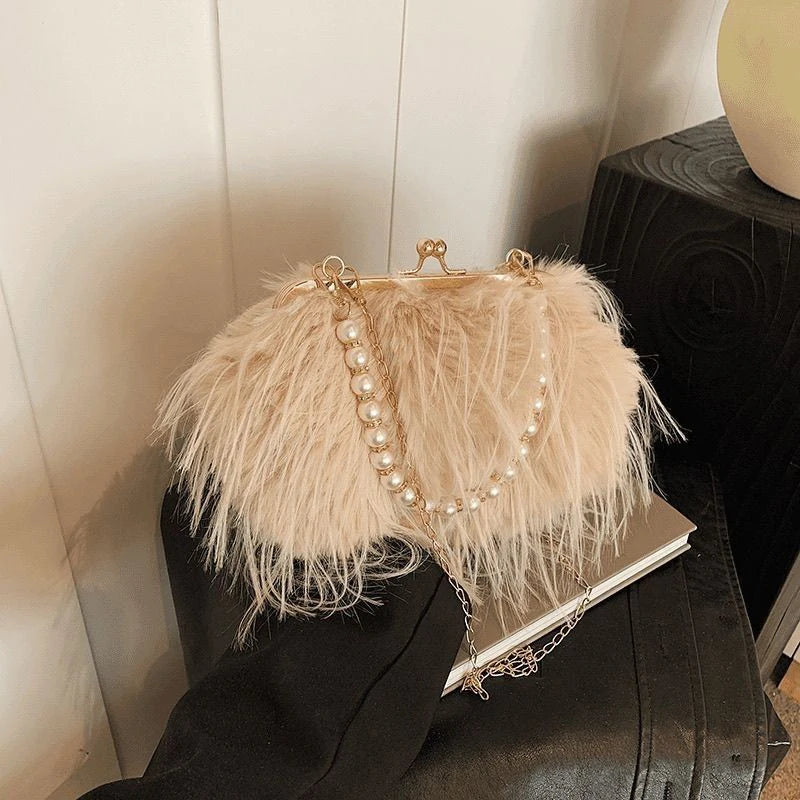 Luxury Faux Fur Evening Bag Fluffy Solid Color Shoulder Bag Large Capacity Pearl Handle Clutch Crossbody Bag For Women