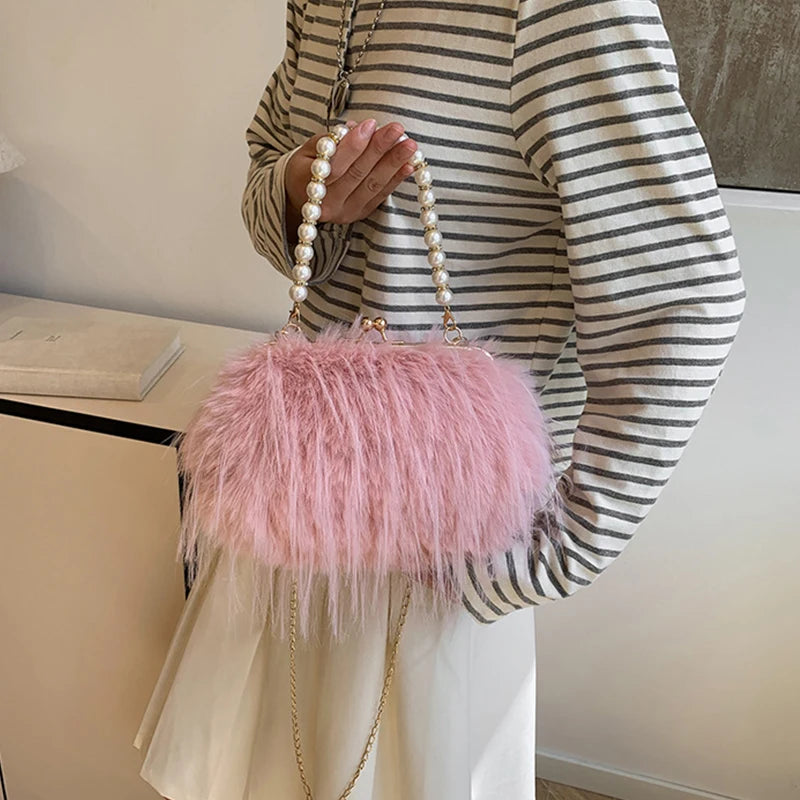 Luxury Faux Fur Evening Bag Fluffy Solid Color Shoulder Bag Large Capacity Pearl Handle Clutch Crossbody Bag For Women