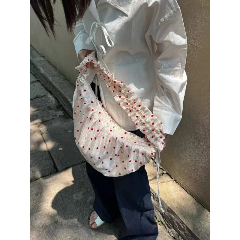 Women Chic Underarm Bag Large Capacity Polka Dot Retro Crossbody Bag All Matched Pleated Dumpling Bag Casual Zipper Canvas Bag