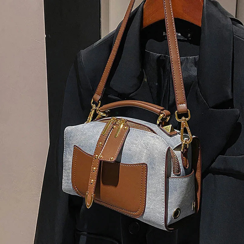 Artificial Leather Retro Unisex Large Capacity Blue Handbag Shoulder Crossbody Messenger Bags Doctor Boston Women Purse