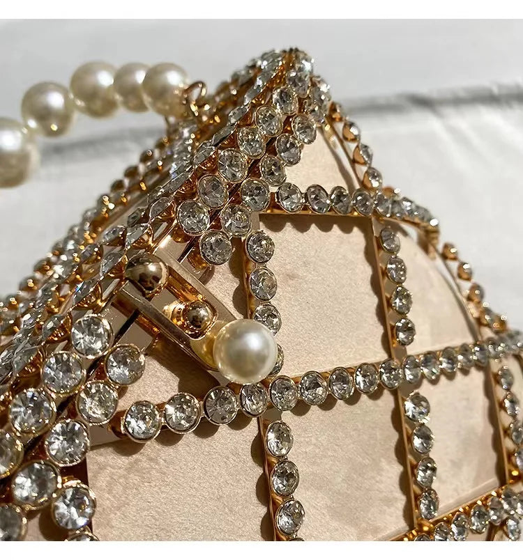 Luxury Designer Glod Metal Cage Pearl Beading Handle Women Handbag Evening Bag Wedding Party Clutch Purse Shoulder Crossbody Bag