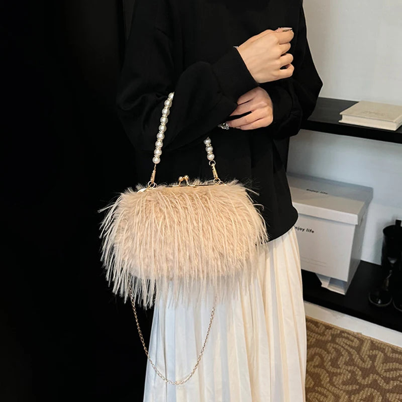 Luxury Faux Fur Evening Bag Fluffy Solid Color Shoulder Bag Large Capacity Pearl Handle Clutch Crossbody Bag For Women