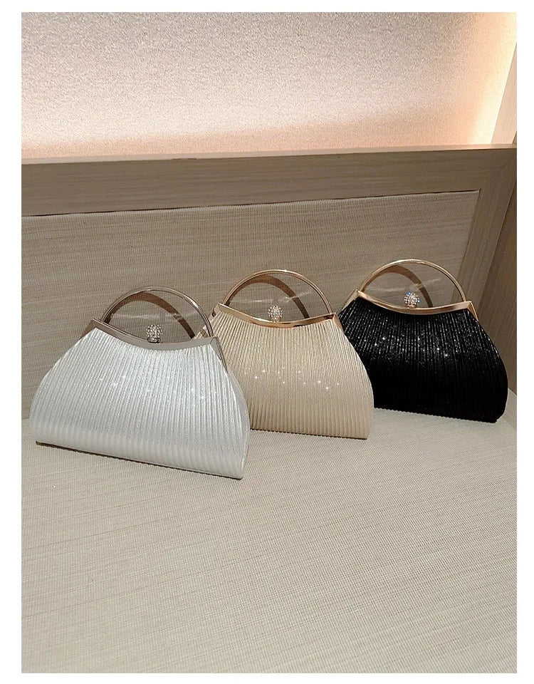 Pleated Evening Handbag Women Top Handle Glitter Day Clutch Ladies Wedding Dinner Dressed Clip Bag Diamond Party Purse Gold