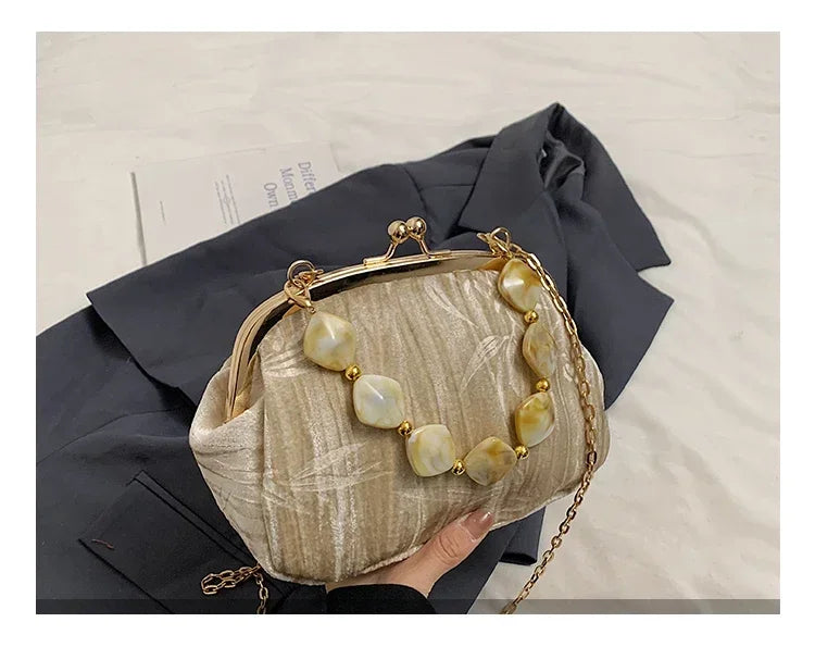 Retro Beaded Party Handbags Summer Women's Versatile Chain Crossbody Bags French Fashion Single Shoulder Bags Trend