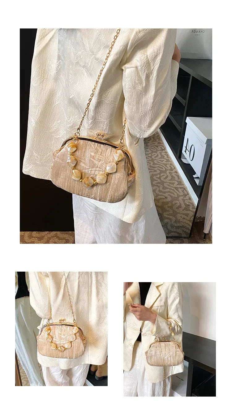 Retro Beaded Party Handbags Summer Women's Versatile Chain Crossbody Bags French Fashion Single Shoulder Bags Trend