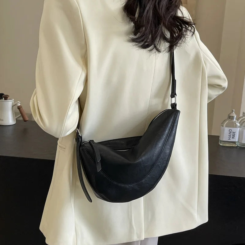 Niche Design Simple Solid Colour Dumpling Bag Women New Fashion Senior Sense PU Leather Shoulder Bag Versatile Crossbody Bag