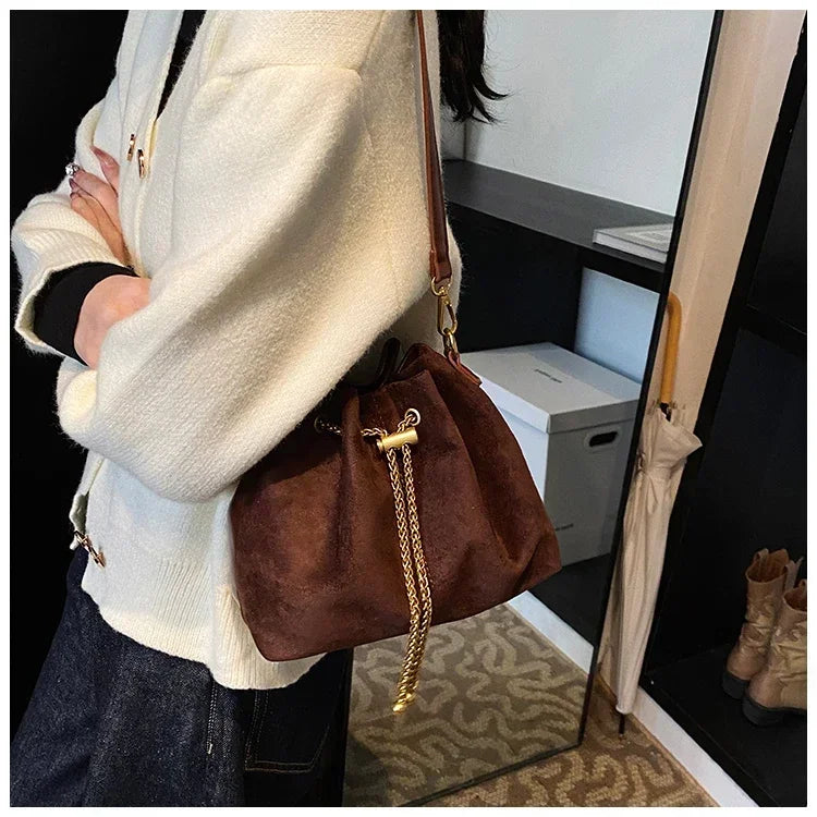 Soft Solid Faux Suede Simple Commuting Crossbody Bags 2025 Hot Sale Sewing Sweet Bags for Women Thread String Women's Handbags
