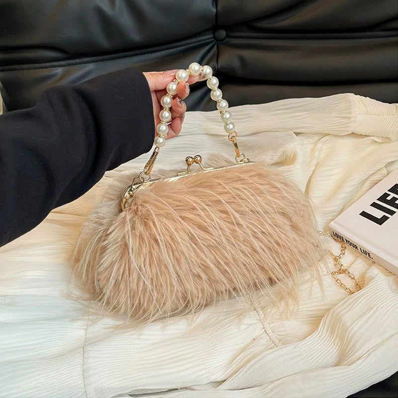 Luxury Faux Fur Evening Bag Fluffy Solid Color Shoulder Bag Large Capacity Pearl Handle Clutch Crossbody Bag For Women