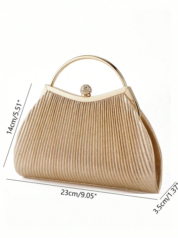 Pleated Evening Handbag Women Top Handle Glitter Day Clutch Ladies Wedding Dinner Dressed Clip Bag Diamond Party Purse Gold