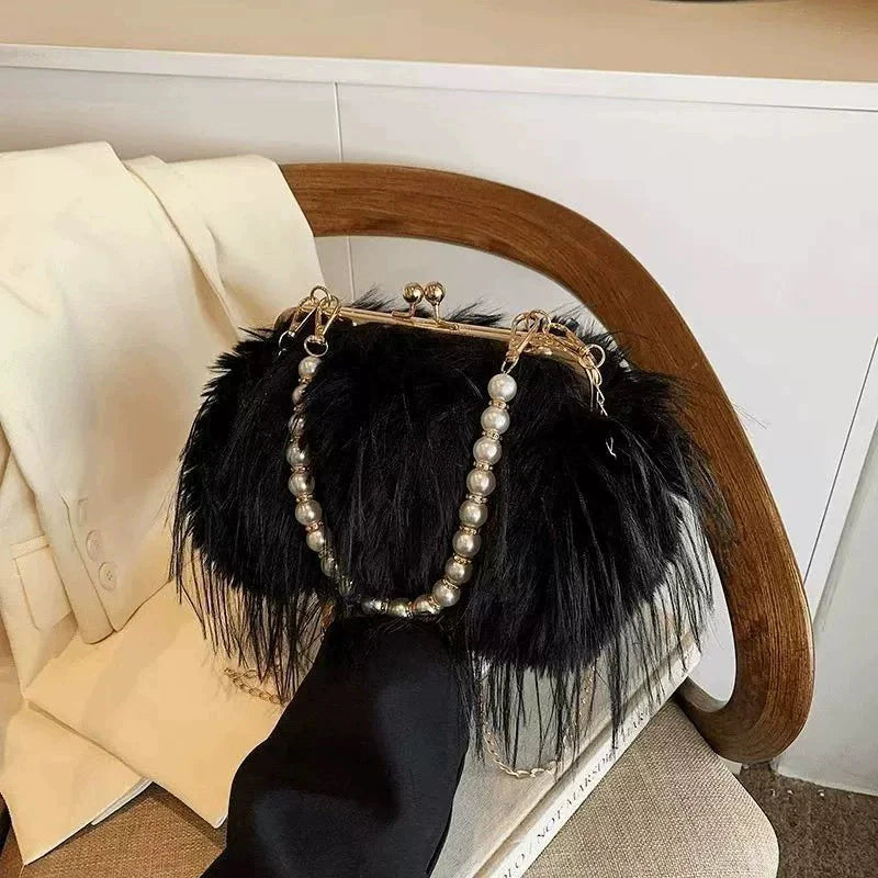 Luxury Faux Fur Evening Bag Fluffy Solid Color Shoulder Bag Large Capacity Pearl Handle Clutch Crossbody Bag For Women