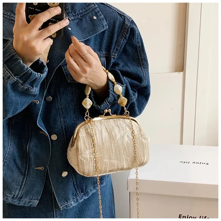 Retro Beaded Party Handbags Summer Women's Versatile Chain Crossbody Bags French Fashion Single Shoulder Bags Trend