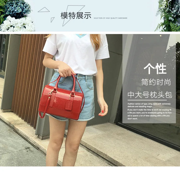 2024 Women Transparent Boston Handbag Candy Color Fashion Girls Jelly PVC Simple Waterproof Silicone Pillow Big Crossbody Bag