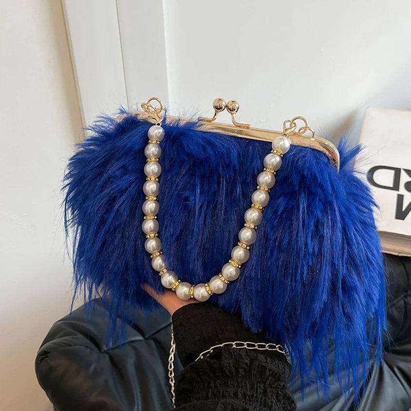 Luxury Faux Fur Evening Bag Fluffy Solid Color Shoulder Bag Large Capacity Pearl Handle Clutch Crossbody Bag For Women