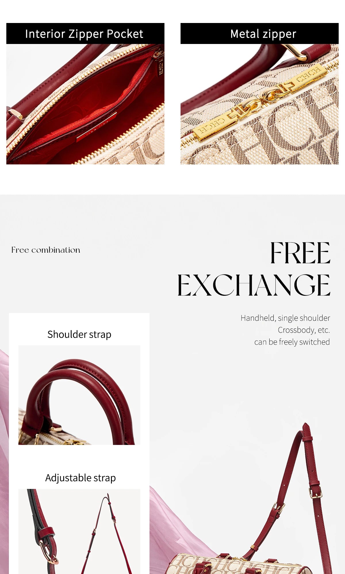 CHCH Women's Pillow Bag Autumn/Winter New Collection Letter Handbag Brown Boston Bag