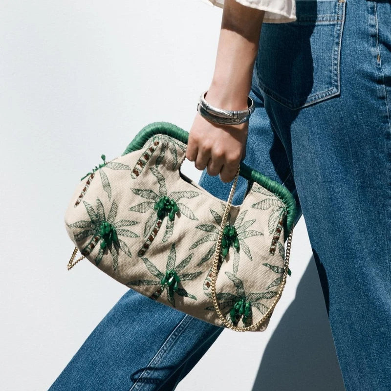 BEADED DETAIL CLUTCH, Envelope Clutchs Tree Embroidered, Luxury Designer Handbags with Removable Chain Crossbody Strap